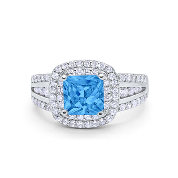 Halo Art Deco Wedding Ring Princess Cut Round Simulated Blue Topaz CZ 925 Sterling Silver
